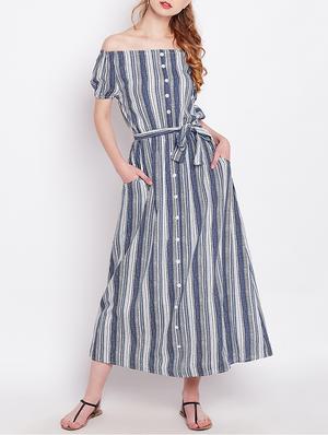blue striped rayon off shoulder dress - 15011297 - Standard Image - 1