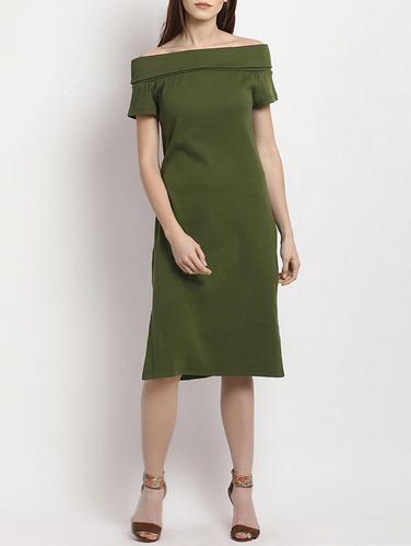 olive cotton off shoulder dress - 15011314 - Very Small Image - 1