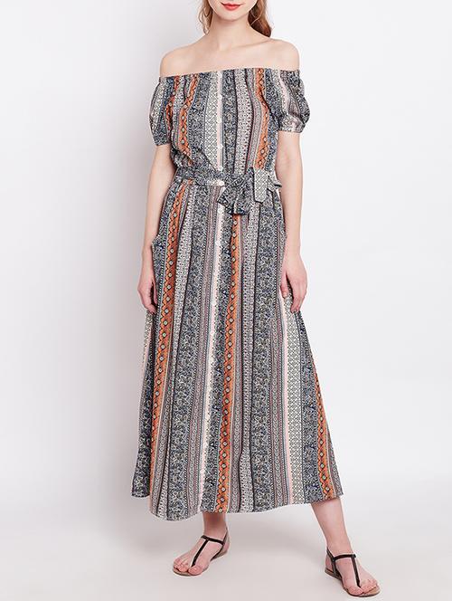 blue printed rayon off shoulder dress - 15011411 - Standard Image - 1