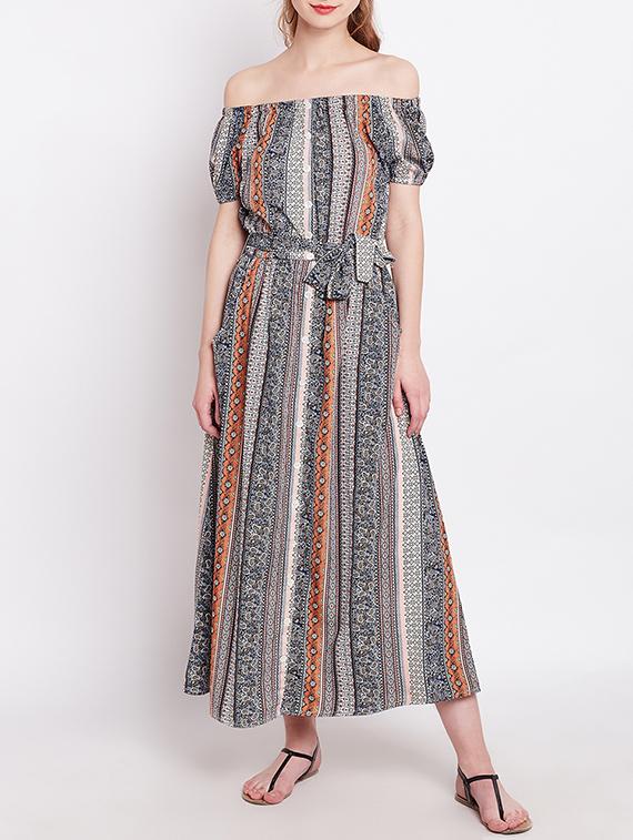 blue printed rayon off shoulder dress - 15011411 - Zoom Image - 1