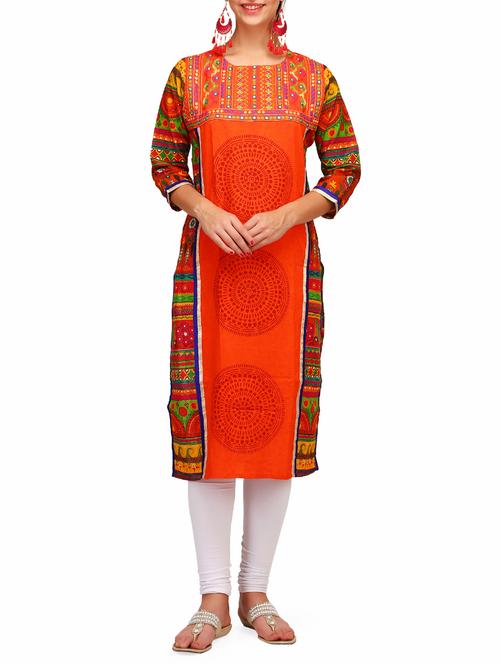 orange cotton straight kurta - 15011421 - Standard Image - 1