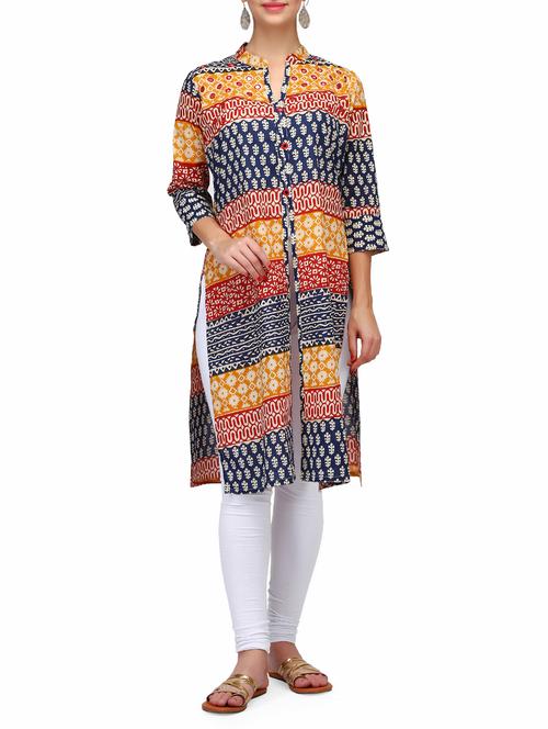 blue cotton straight kurta - 15011425 - Standard Image - 1