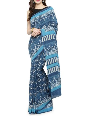 indigo printed handloom saree with blouse - 15012139 - Very Small Image - 1