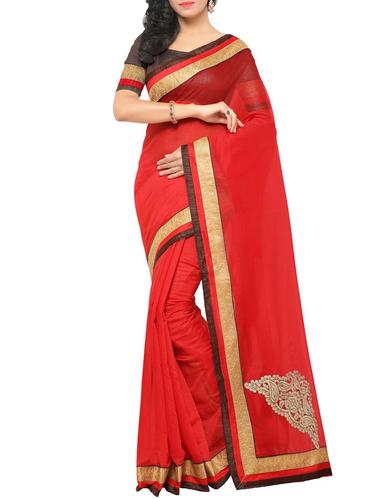 red chanderi saree with blouse - 15012601 - Very Small Image - 1