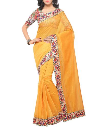 yellow chanderi saree with blouse - 15012610 - Very Small Image - 1