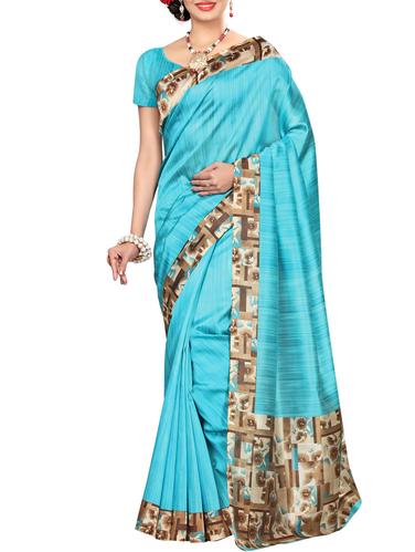sky blue silk blend bordered saree with blouse - 15012621 - Very Small Image - 1