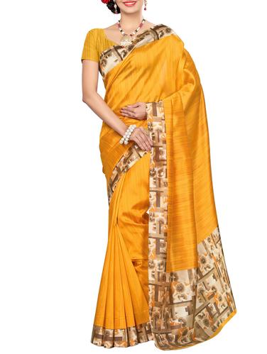 yellow silk blend bordered saree with blouse - 15012622 - Very Small Image - 1