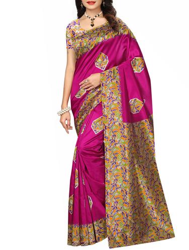 magenta silk blend printed saree with blouse - 15012626 - Very Small Image - 1