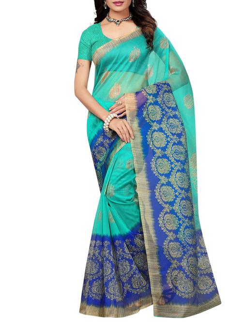 turquoise kota cotton doria saree with blouse - 15012634 - Very Small Image - 1