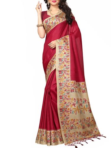 red khadi printed saree with blouse - 15012650 - Very Small Image - 1