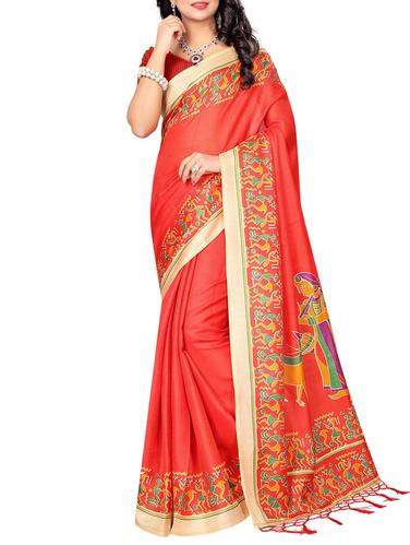 red khadi printed saree with blouse - 15012654 - Very Small Image - 1