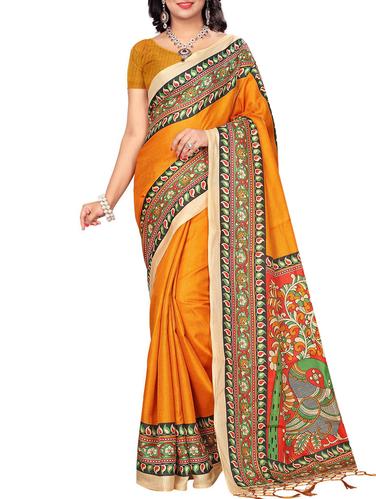 yellow khadi printed saree with blouse - 15012660 - Very Small Image - 1
