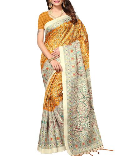 yellow khadi printed saree with blouse - 15012674 - Very Small Image - 1