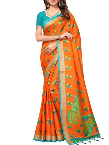 orange khadi printed saree with blouse - 15012676 - Very Small Image - 1