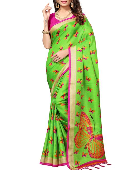 green khadi printed saree with blouse - 15012678 - Very Small Image - 1