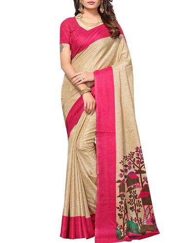 beige silk blend printed saree with blouse - 15012697 - Very Small Image - 1