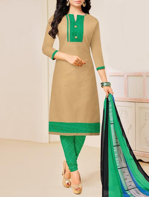 beige cotton churidaar suits unstitched suit - 15012933 - Standard Image - 1