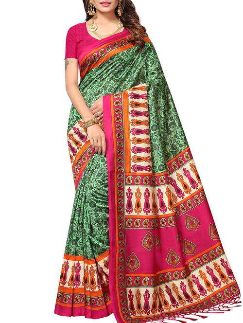 green tussar silk printed saree with blouse - 15012986 - Standard Image - 1