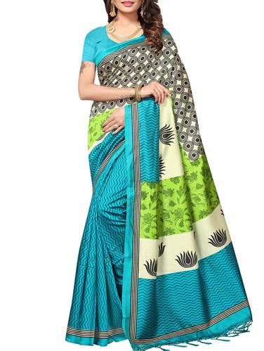 turquoise tussar silk printed saree with blouse - 15012990 - Very Small Image - 1