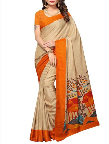 beige kora silk printed saree with blouse - 15012995 - Very Small Image - 1
