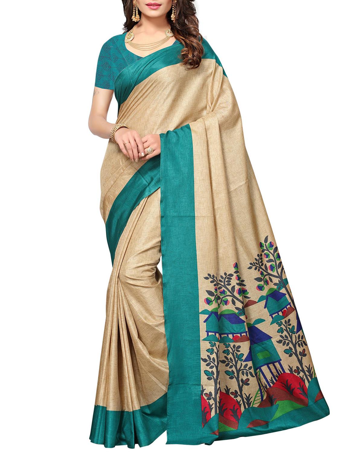 beige kora silk printed saree with blouse - 15012998 - Zoom Image - 1