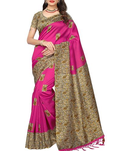 pink tusaar silk printed saree with blouse - 15012999 - Very Small Image - 1