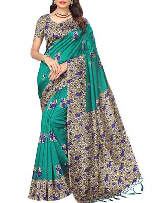 turquoise tussar silk printed saree with blouse - 15013004 - Standard Image - 1