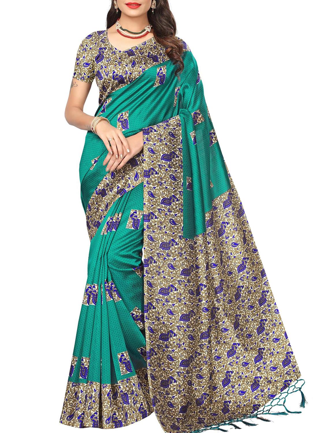 turquoise tussar silk printed saree with blouse - 15013004 - Zoom Image - 1