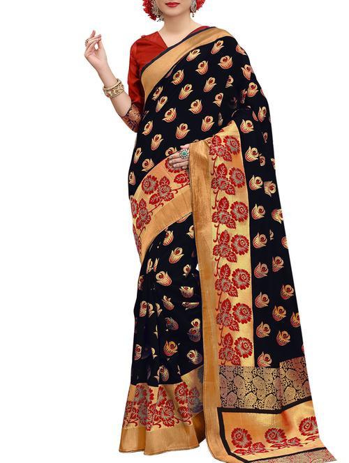 black banarasi silk saree with blouse - 15013165 - Standard Image - 1