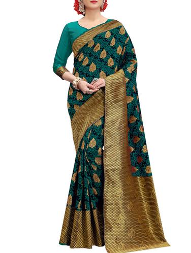 green banarasi silk saree with blouse - 15013171 - Very Small Image - 1