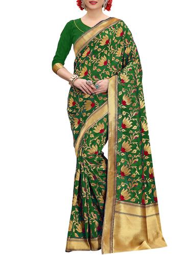 green banarasi silk saree with blouse - 15013185 - Very Small Image - 1