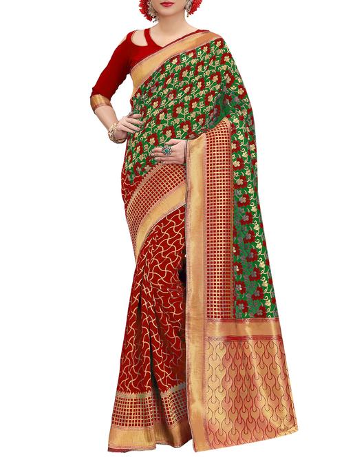 green banarasi silk saree with blouse - 15013191 - Standard Image - 1