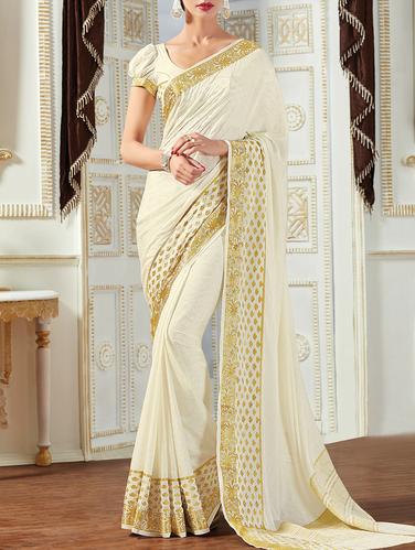 white crepe bordered saree with blouse - 15013283 - Very Small Image - 1