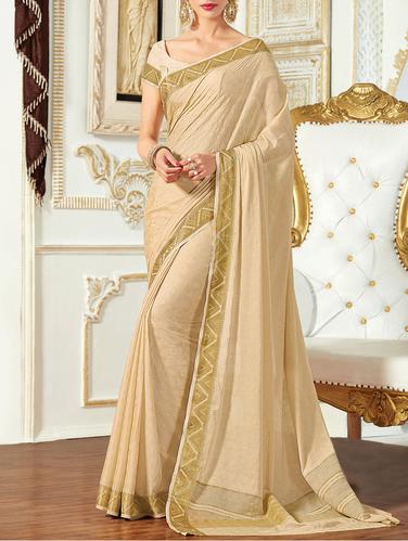 beige crepe bordered saree with blouse - 15013285 - Very Small Image - 1