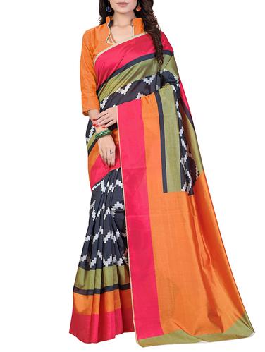 black silk blend printed saree with blouse - 15013352 - Very Small Image - 1