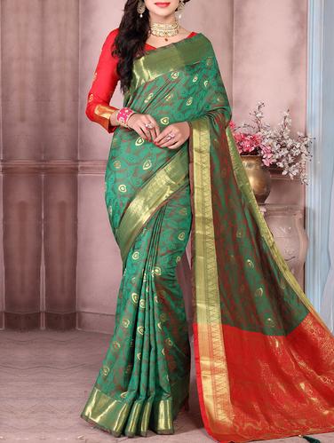 green banarasi silk saree with blouse - 15013420 - Very Small Image - 1