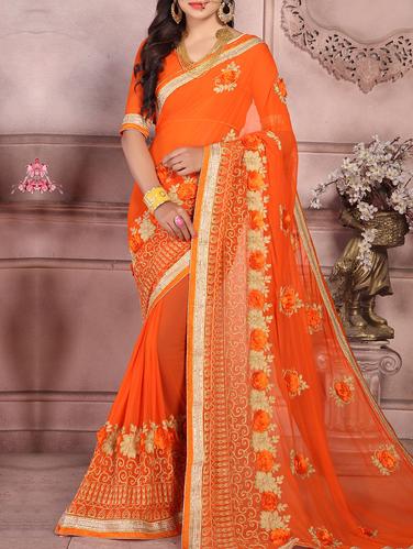 orange chiffon embroidered saree with blouse - 15013433 - Very Small Image - 1