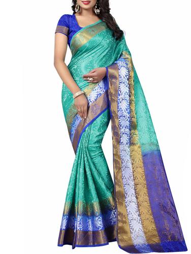 turquoise art silk woven saree with blouse - 15013531 - Very Small Image - 1