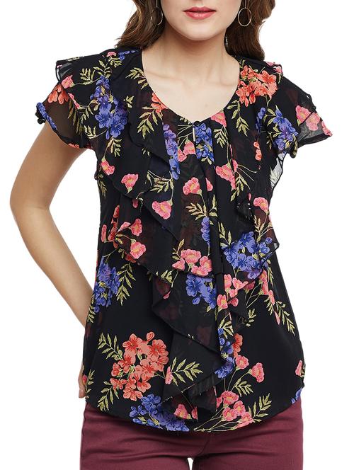 Ruffled key hole front floral top - 15013544 - Standard Image - 1