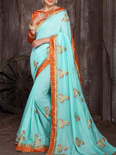 sky blue silk embroidered saree with blouse - 15013548 - Very Small Image - 1