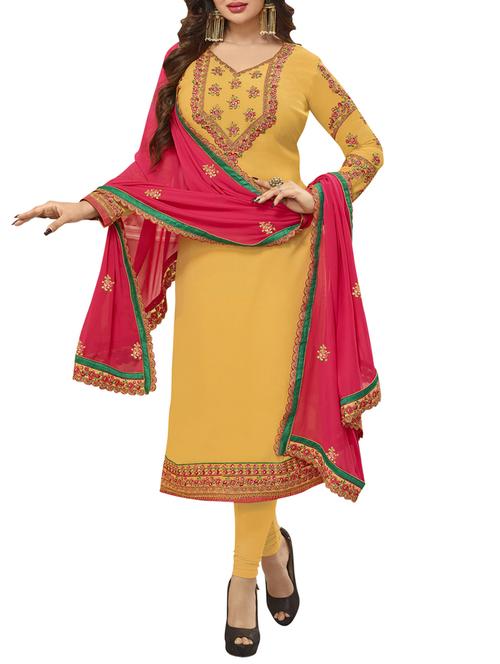 yellow embroidered semi-stitched suit - 15013554 - Standard Image - 1
