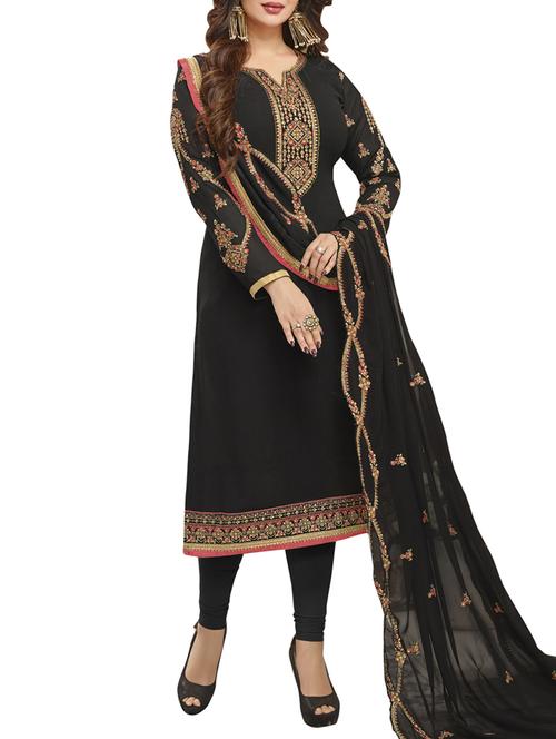 black embroidered semi-stitched suit - 15013555 - Standard Image - 1