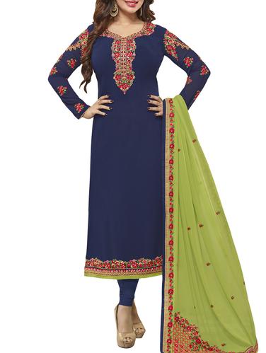 blue embroidered semi-stitched suit - 15013558 - Very Small Image - 1