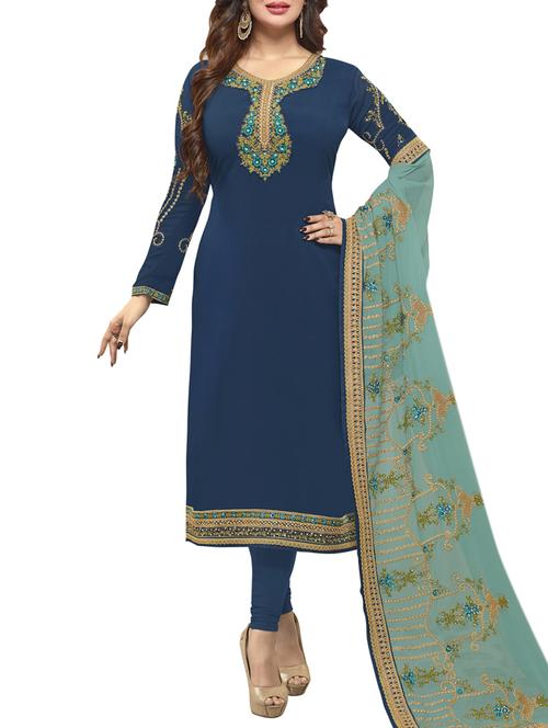 embroidered blue semi-stitched churidaar suit - 15013559 - Standard Image - 1
