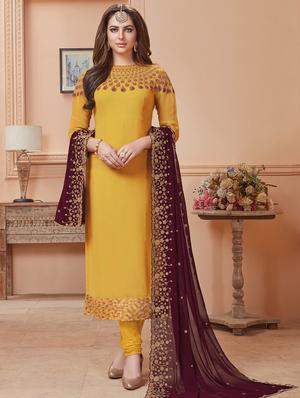 yellow georgette churidaar suits semistitched suit - 15013650 - Standard Image - 1