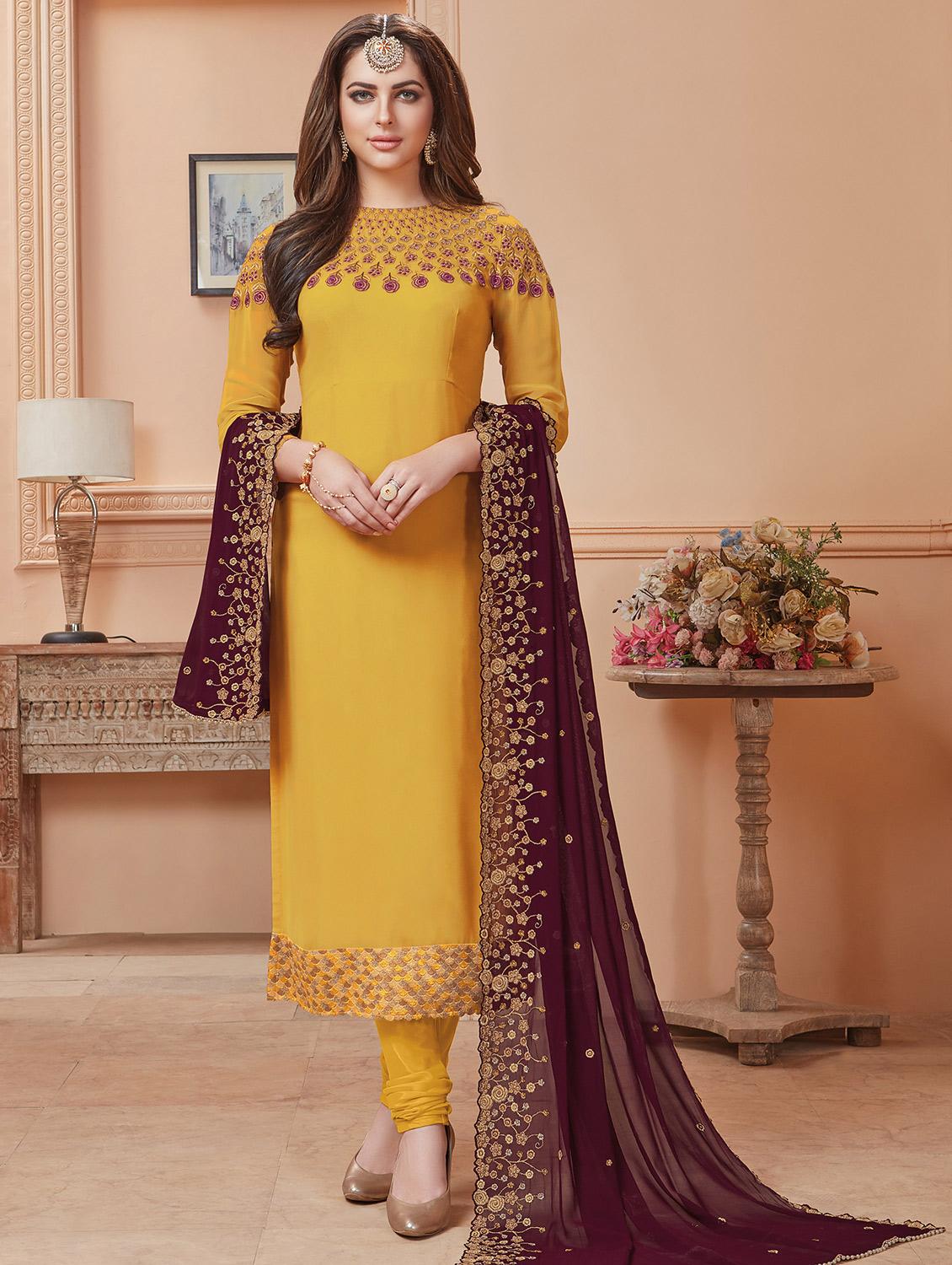 yellow georgette churidaar suits semistitched suit - 15013650 - Zoom Image - 1