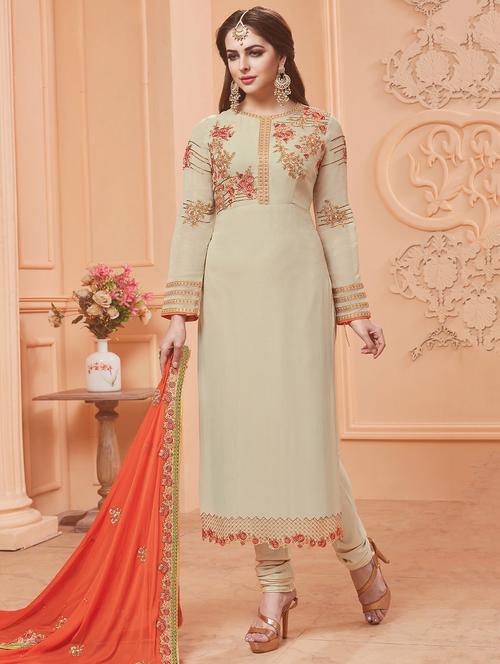 Beige churidaar suits semi-stitched suit - 15013655 - Very Small Image - 1