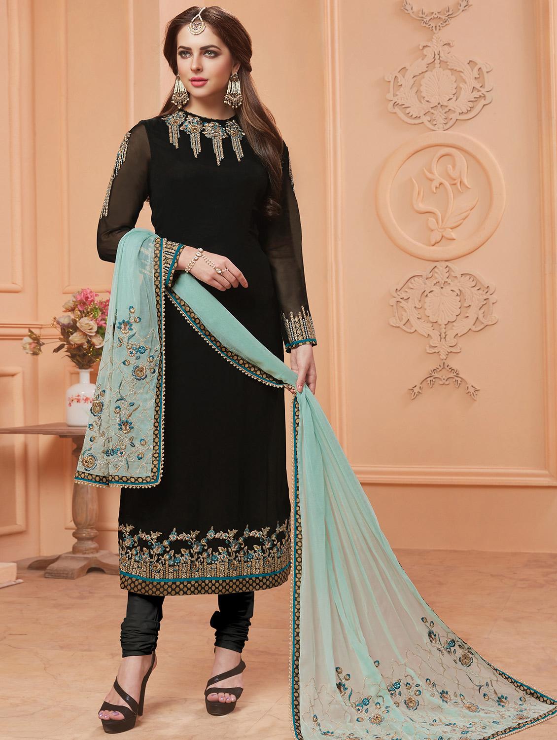 black georgette churidaar suits semistitched suit - 15013656 - Zoom Image - 1