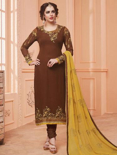 brown georgette churidaar suits semistitched suit - 15013658 - Very Small Image - 1
