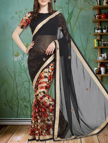 black chiffon half and half saree with blouse - 15013676 - Very Small Image - 1